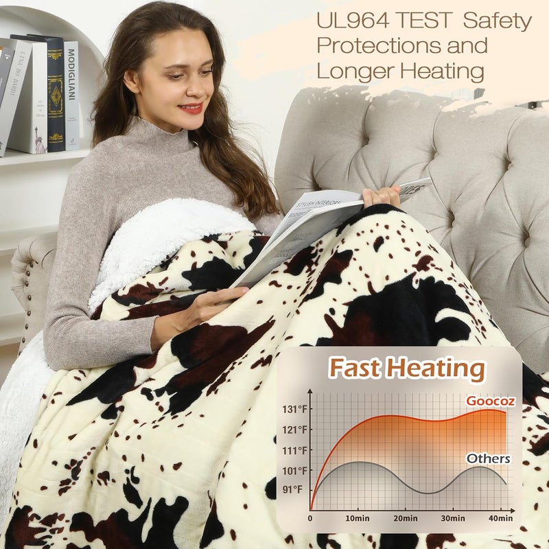 Goocoz Heated Throw Blanket, 50"x60" Cow Print Electric Throw Heating Blanket, Cozy Soft Flannel Sherpa Heating Blankets with 9 Heat Levels & 2/4/8/12H Auto-Off - Image 4